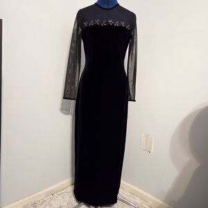 Vintage Black Embroidered Velvet Maxi Dress Size 6